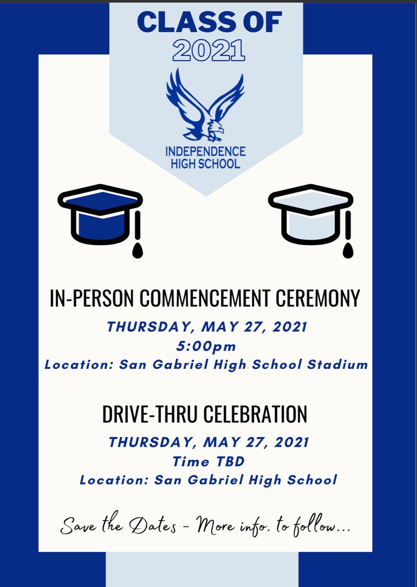 alhambrausd's tweet photo. Attention @alhambrausd seniors‼️IN-PERSON COMMENCEMENT CEREMONIES for Class of 2021 
🎓🎉🥳🥁‼️

Comprehensive high schools #AHS #MKHS #SGHS will be @RoseBowlStadium 🌹in Pasadena‼️

#IndependenceHigh will hold their ceremony @ San Gabriel High School's Stadium‼️ https://t.co/MzEH0ZqnD7