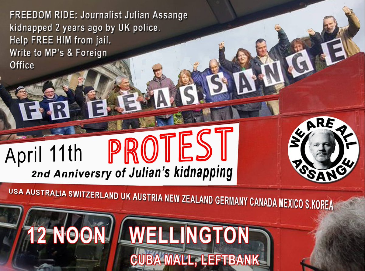 🇳🇿WELLINGTON

11 APRIL 2021
Cuba/Leftbnk 12Noon 
#WeAreAllAssange 

@FreeAssangeNZ 
@gregfullmoon 
@JoMangee

Check out
@Candles4Assange pinned tweet and tag to add your city or get help with graphics / promo