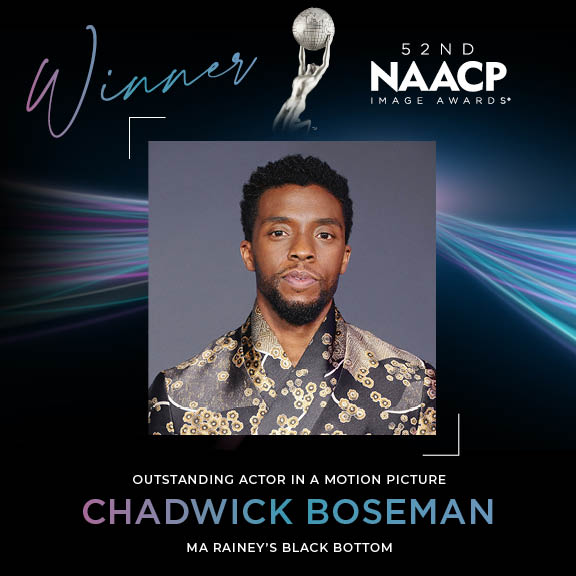 BET's tweet photo. Outstanding Actor In A Motion Picture goes to...@chadwickboseman! Congratulations! We can honor his legacy by visiting https://t.co/gmZDyIUWxI to gain awareness. #NAACPImageAwards https://t.co/pnZvuseRUA