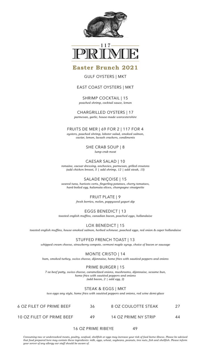 117PrimeMem's tweet image. 117 Prime will be open for Easter Brunch from 11am - 3pm! 🐣 We are currently accepting reservations via @resy or you can call us directly to make a reservation! Check out our brunch menu and we will see you soon!