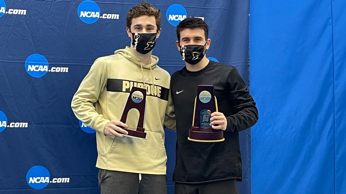 PurdueMSwimDive's tweet photo. Together on the Top of the Podium at NCAAs.

Brando &amp; Ben forever part of #Purdue History for their 1-2 finish on the Tower. #BoilerUp https://t.co/2aYLkZNARg