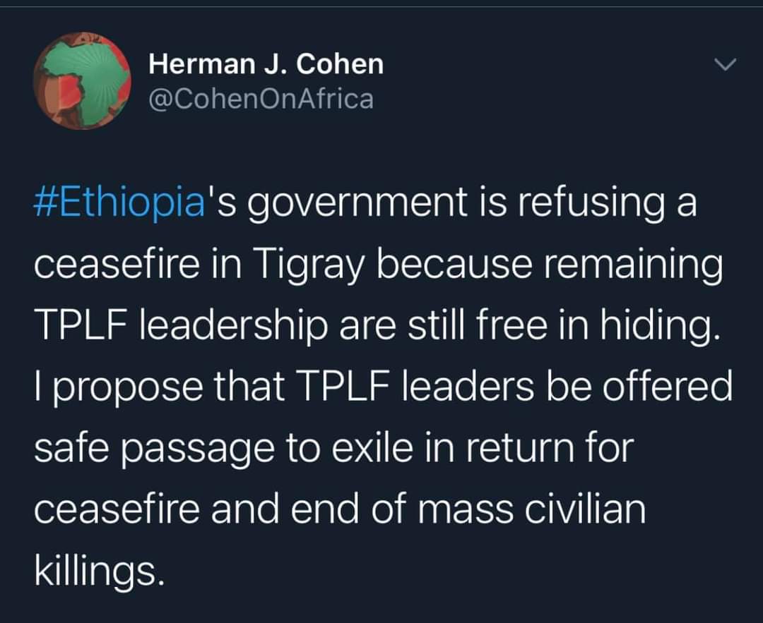 mamamesay's tweet photo. No! @CohenOnAfrica. Ethiopia knows what to do. No talk on ceasefire with a dead TPLF. The remaining leaders will never go https://t.co/UWUMbTW0Jt find them either next to Sebhat Nega/ in hell with Meles and Seyoum. No third choice. This news comes to your ear soon. Mark my word. https://t.co/JpEzQZioA4