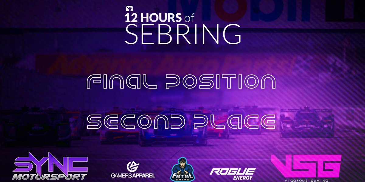 ‼️ iRacing ‼️

It’s P2 in our first outing of our partnership with <a href="/VigorousVSG/">Vigorous Gaming (VSG)</a>! The official <a href="/iRacing/">iRacing</a> Sebring 12h is now behind us and the boys took a phenomenal P2 in a mid split lobby! 

4 weeks now to prepare for the Nurburgring 24h for the team! #SyncUp #WeAreVSG