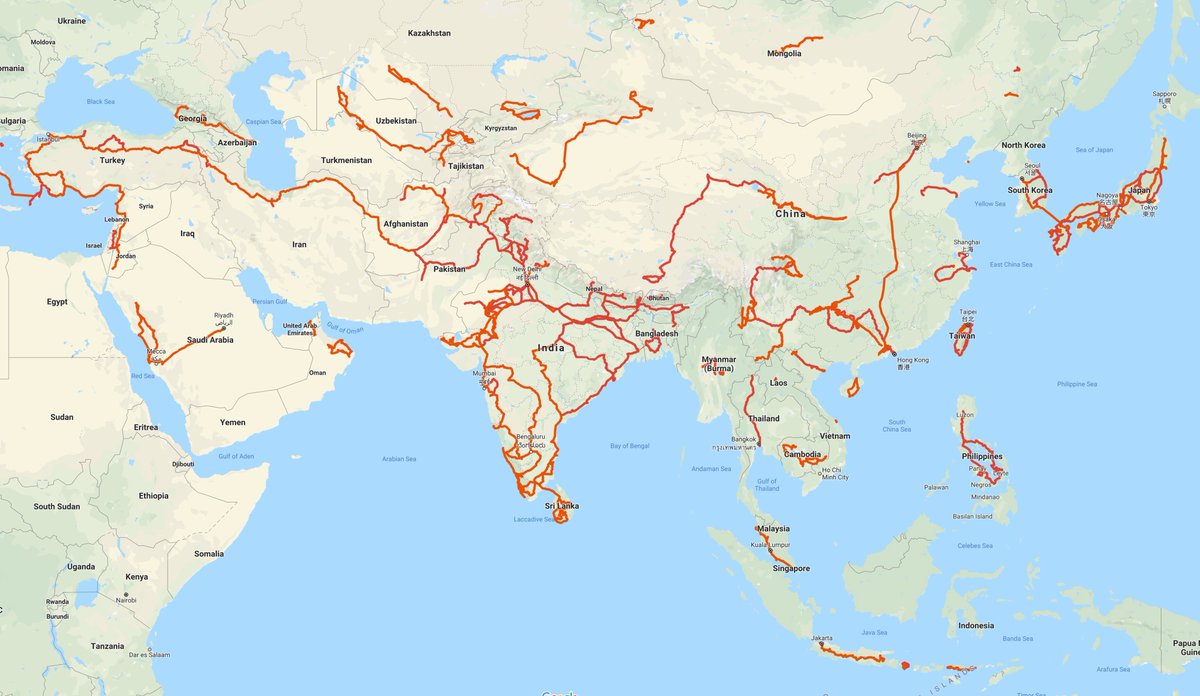 kevin2kelly's tweet image. The red lines are my surface travels in Asia. If anyone has seen more, let me know. Want to see what I saw? Get my massive, bound Vanishing Asia books — at a discount. kickstarter.com/projects/kk-or…