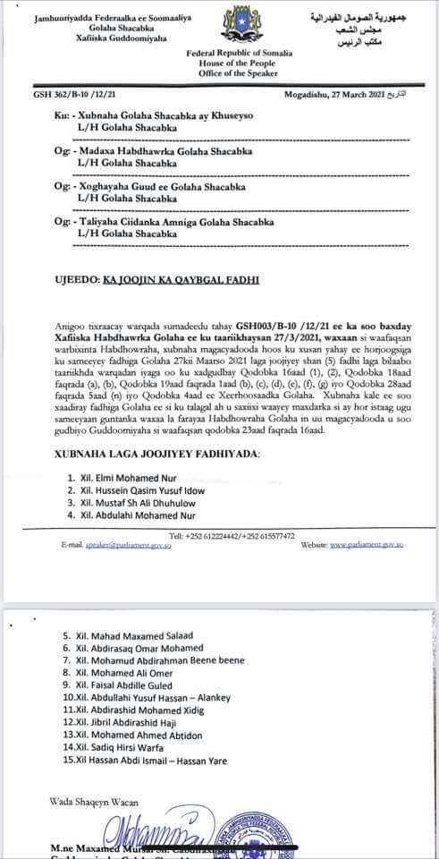 CabdulfataaxD's tweet photo. Speaker of lower house banns 15 members from entering parliament precinct just for exercising their constitutional right to stop an illegal term extension. This is what happens when parliament is owned by the executive @UNSomalia @US2SOMALIA @UKinSomalia https://t.co/9gA7rBuB6M