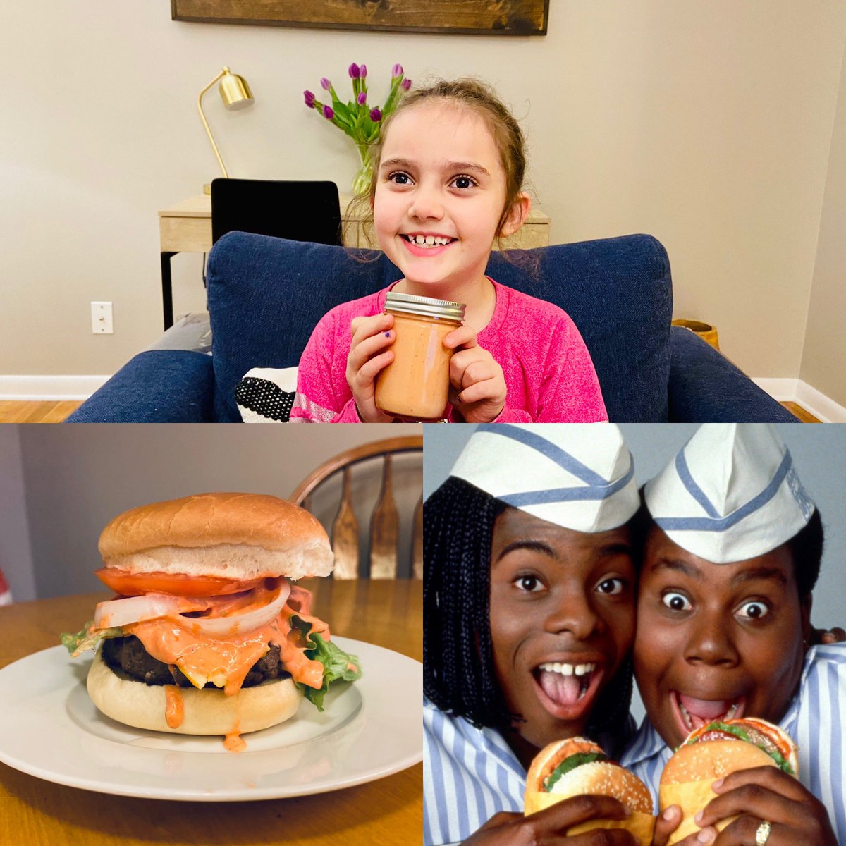 Mack_Daddy_111's tweet photo. Sky watched “Good Burger” for the first time and is now a super fan. Tonight she made Ed’s Secret Sauce and served up the best burgers for dinner. She’s really hoping @kenanthompson and @Iamkelmitchell will see this. 🍔😄 #welcometogoodburger https://t.co/9KCX4T9BLf
