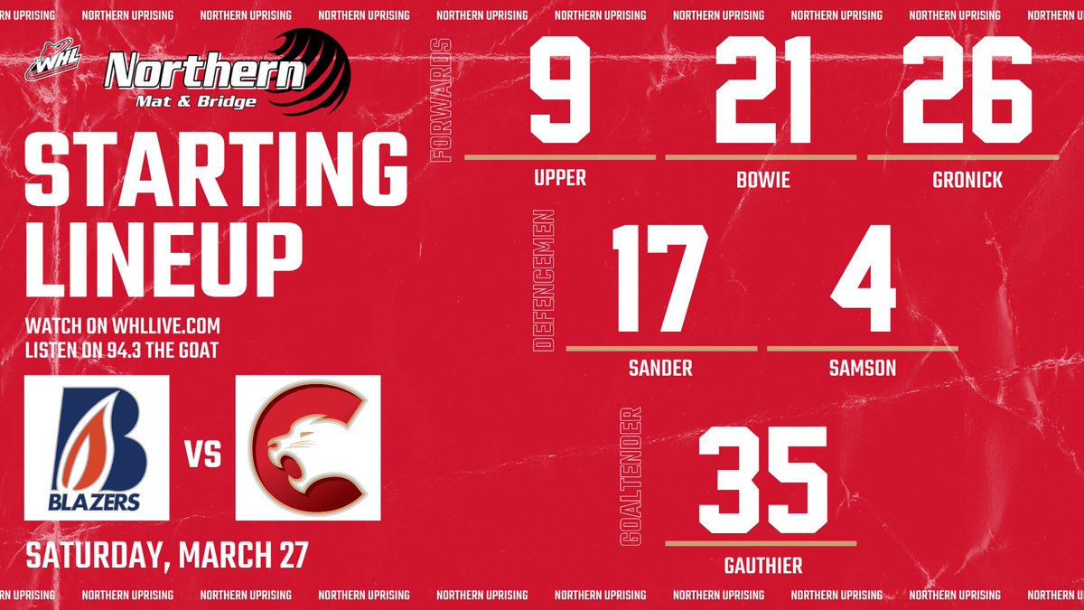 PGCougars's tweet image. Tonight's @NorthMatBridge starting line. We are mere minutes away from puck drop!

#NorthernUprising #WHL