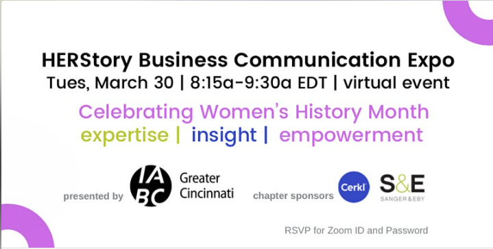 InternalCommPro's tweet photo. @IABCCincinnati is celebrating Women’s History Month with a HERStory Business Communication Expo! Our Executive Producer @PixieDustSara will be joining as a keynote speaker. Click the link for more details! https://t.co/DyEXh2S0oT #WomensHistoryMonth #ICPro https://t.co/voljqDyePI
