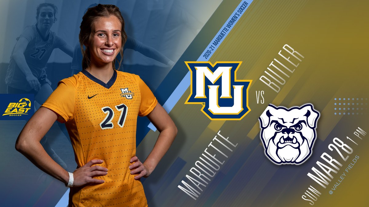 MarquetteWSOC's tweet photo. First-place Butler visits Valley Fields on Sunday in a key @BIGEAST matchup!

⚽️ #WeAreMarquette
🕖 1 p.m. CT
🆚 @ButleruWSoccer 
🌎 Milwaukee, Wis.
🎥 https://t.co/yn3FHwqCFg
📊 https://t.co/6zuOTy4Mih https://t.co/ZczuJAM8wo