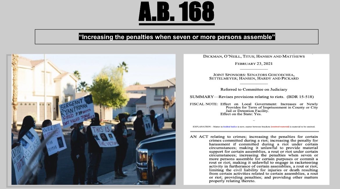 mtah_lv's tweet photo. AB 168 (1/2)
“Increases the penalties when seven or more people assemble” 
They are trying to turn protestors into felons ! We cannot allow this!!! 
GET INVOLVED!!! 
STAY ON STANDBY!
Submit opinion: https://t.co/Zi2ws7jkDV
#nvleg #lasvegas #nevada #nv #nevadalegislature #ab168 https://t.co/3n04gflvwd