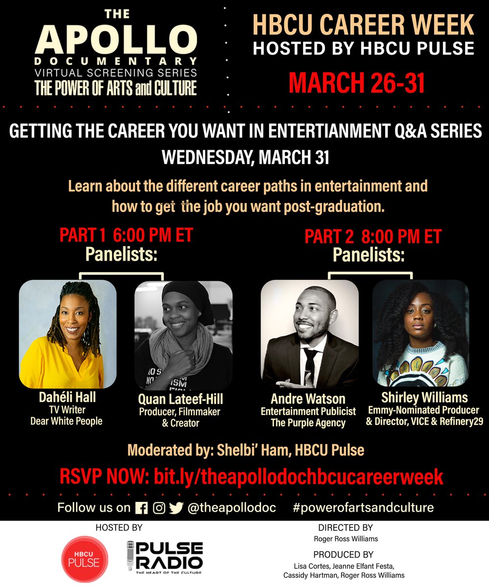 theapollodoc's tweet photo. Join us on Wed 3/31 for Getting The Career You Want In Entertainment Q&amp;A Series with industry leaders: @daheli, @producedbyQUAN, Andre Watson &amp; @ShirleyVernae. Learn about the different career paths in entertainment and how to get  the job you want. RSVP: https://t.co/afw8fbVMk8 https://t.co/sZ4BeJNerH