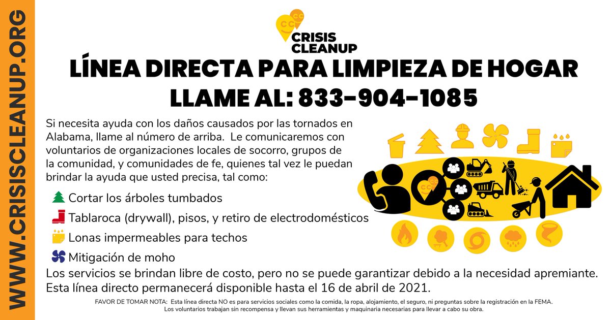 CrisisCleanup's tweet photo. A Home Cleanup Hotline is open to support survivors of the #tornadoes in #Georgia and #Alabama. Volunteer groups will work through Apr 16, 2021. Survivors in AL can call 833-904-1085. A number for GA is TBD Check back soon for updates. #LoveThyNeighbor #CrisisCleanup #pleaseshare https://t.co/Cco5KdeMRG