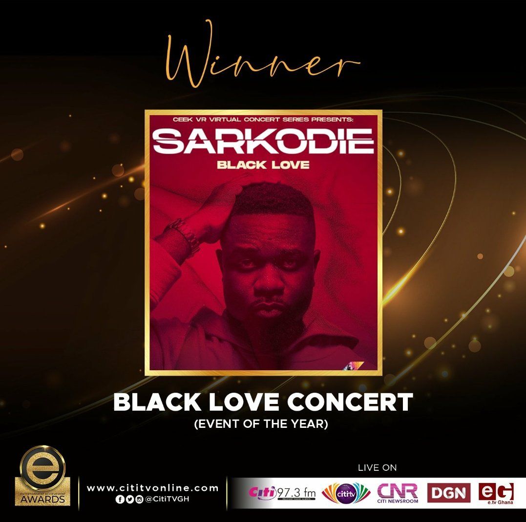 Congratulations to <a href="/sarkodie/">Sarkodie</a>  for winning the Entertainment Achievement Award for Event of the Year.

If you missed #BlackLoveVirtualconcert you can catch the replay on  ceek.com/program/5f4f3b…

 #EAAwards  #ceek #sarkodie #sarkceek #eventoftheyear