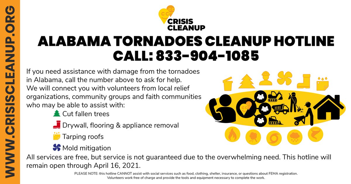 CrisisCleanup's tweet photo. A Home Cleanup Hotline is open to support survivors of the #tornadoes in #Georgia and #Alabama. Volunteer groups will work through Apr 16, 2021. Survivors in AL can call 833-904-1085. A number for GA is TBD Check back soon for updates. #LoveThyNeighbor #CrisisCleanup #pleaseshare https://t.co/Cco5KdeMRG