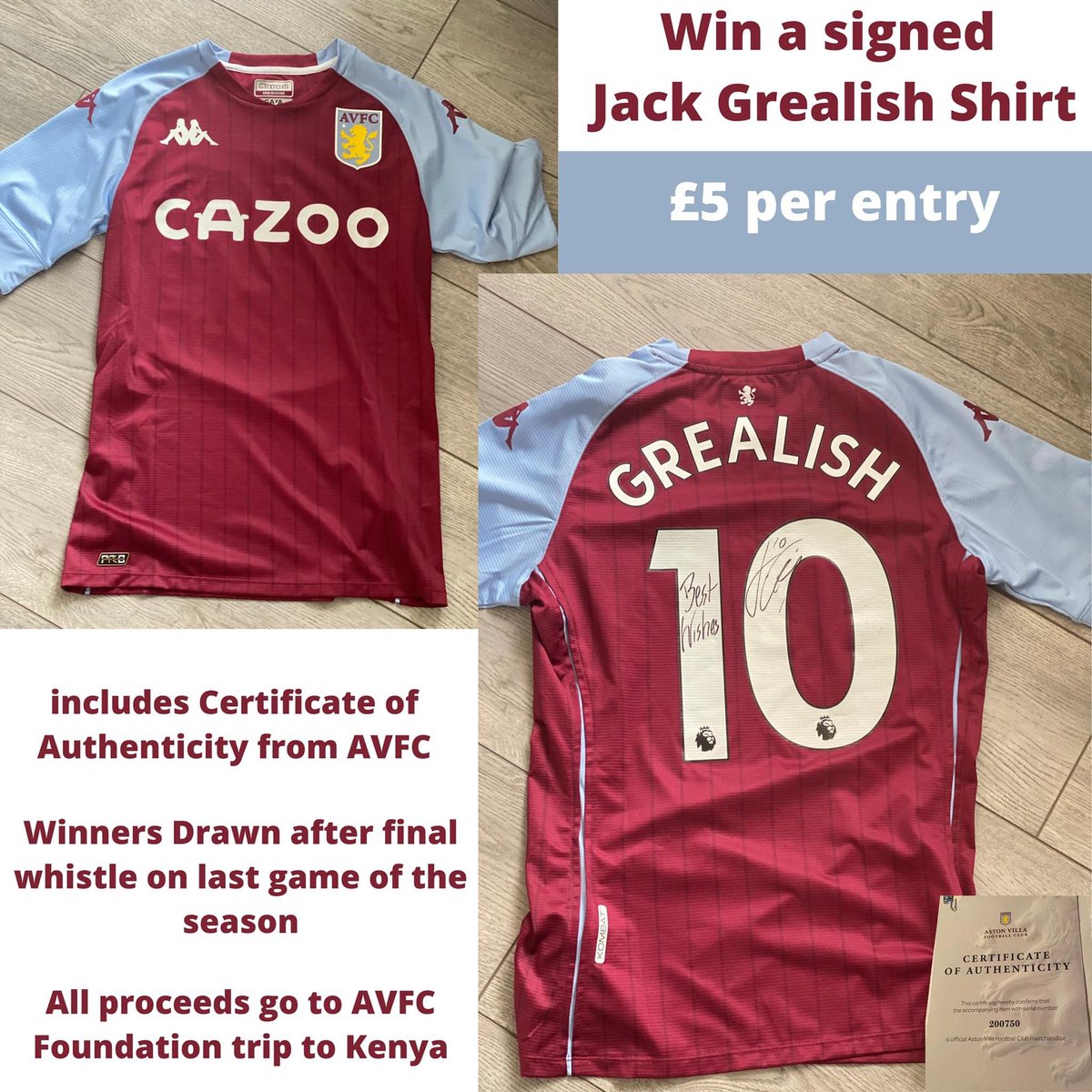 Mos_sy's tweet photo. Win a signed @JackGrealish @AVFCOfficial shirt with all proceeds going to @AVFCFoundation trip to Kenya.

https://t.co/BfiRDhr5z4 - £5 per entry #avfc #jackgrealish #competition #UTV 

Please RT https://t.co/vJ3low2r0g