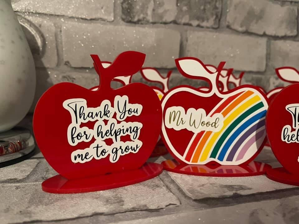I keep forgetting to put new products on here 😂

End of term teacher gifts
Red acrylic apple measuring 10cm complete with stand

With rainbow and 2021 on will be £7
With rainbow, teacher/assistant name and thank you verse on rear will be £8