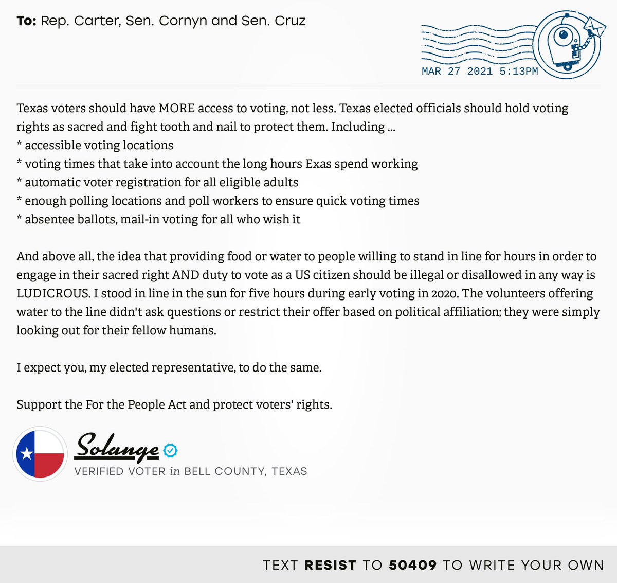 SolHom's tweet photo. Hey, America! Let your senator know you want them to protect voting rights and support the For the People Act.

Hey Texas! Do the same and let your state legislators know to oppose SB 7 and HB 6.

@resistbot makes it SO EASY. Text RESIST to 50409 to get started. https://t.co/rAfKbceVlH