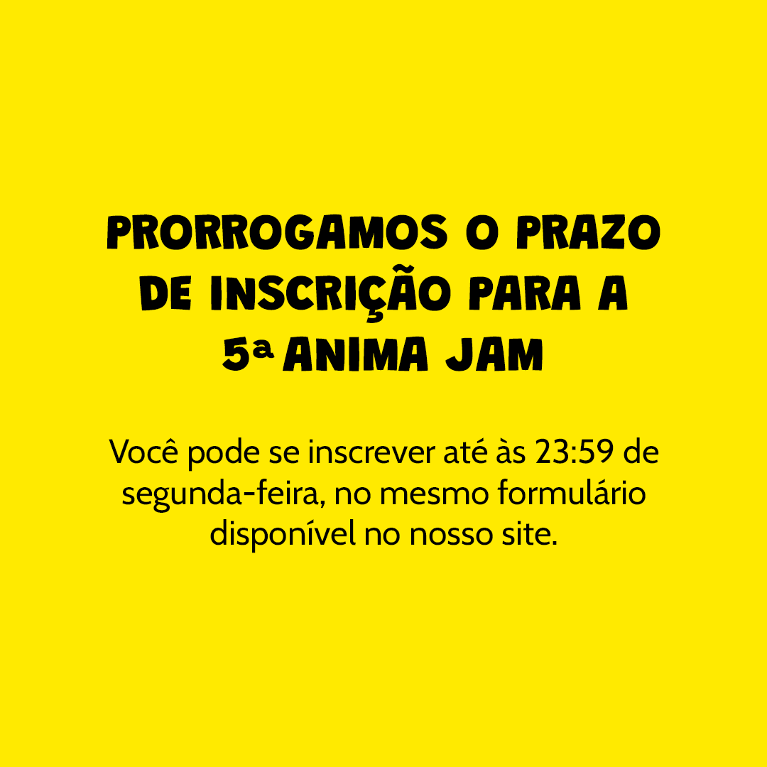 AnimaJam's tweet photo. Atenção, atenção! Ouvimos vocês e decidimos aumentar o prazo de inscrição para a Anima Jam até segunda-feira, às 23h59. É só se inscrever no mesmo formulário de antes, que está disponível em nosso site
https://t.co/ByKX26DgdE https://t.co/KxZoIQBVNM