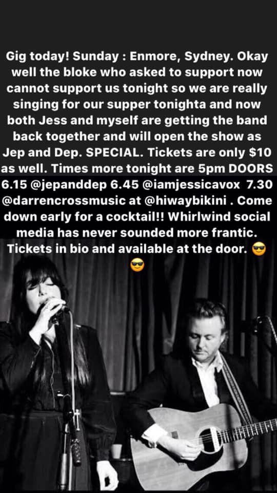 JepandDep's tweet photo. HOLY COW WERE GETTING THE BAND BACK TOGETHER TONIGHTA!!!!!
Gig today! Sunday : Enmore, Sydney. 28/3/2021
Hiway Bikini. $10 https://t.co/2UBHa7rqYA
