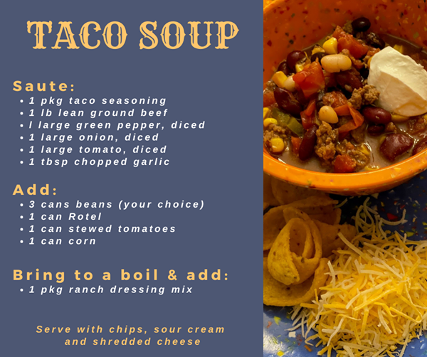 FitKidsofSWOK's tweet photo. One of the easiest and most delicious ways to incorporate some beans into your diet is with taco soup! This tasty recipe calls for 3 cans and you can pick your favorite ones! Not only is this soup loaded with protein and fiber, but also contains Vitamin C and folic acid. #okwic https://t.co/GRnA5XzcRf