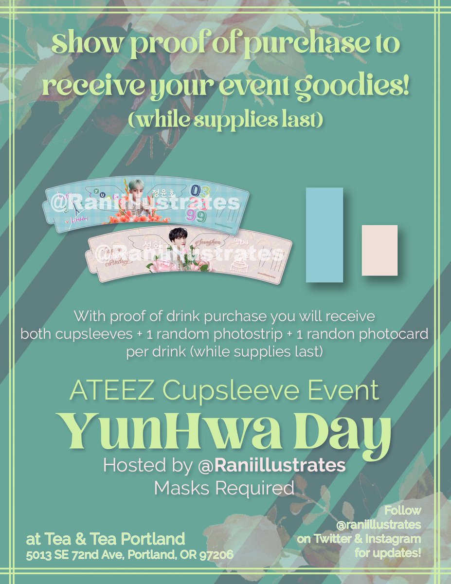RaniIllustrates's tweet photo. Yunhwa Day is coming up! Here’s a look at what goodies you could get with each drink purchase. Sat, April 3rd at @teanteausa while supplies last! Drinks will be posted later this week.
+
#ATEEZ #cupsleeve #kpop #boba #bubbletea #bobatea #YUNHO #SEONGHWA #Atiny @ATEEZofficial https://t.co/zETszvKfEx