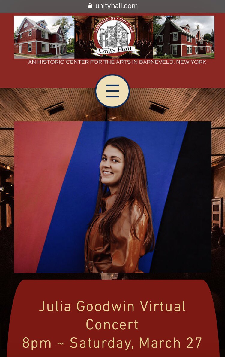 WATCH HERE: unityhall.com

virtual concert TONIGHT at 8PM with Unity Hall! playing some alicia keys, tom petty, elton john and more accompanied by John Goodwin🎶