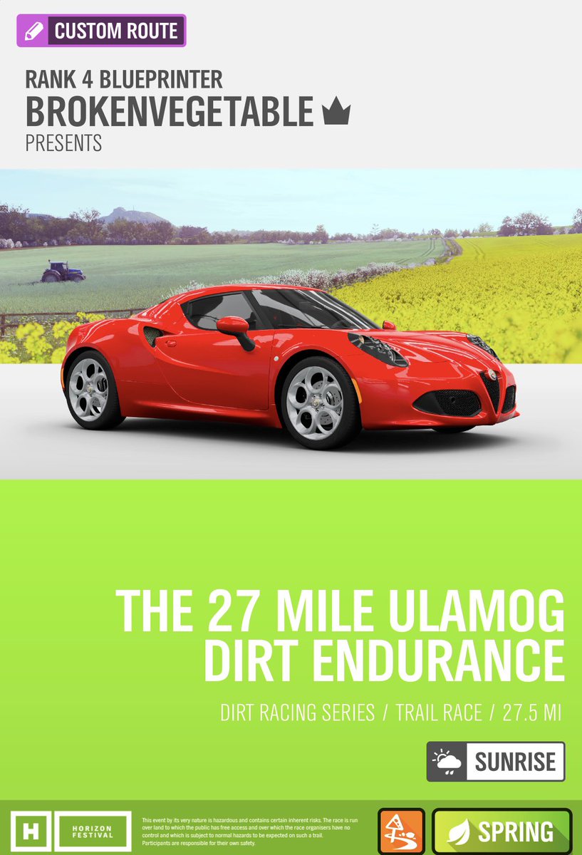 Brokenvegetable's tweet photo. Custom Route: 

The 27 Mile Ulamog Dirt Endurance 

Gates: 250 
Terrain: 85% Dirt 15% Asphalt 
50 Rally Type Cars 
Conditions: Sunrise, Post Rain Clear 

You want a car that tops out at about 175 but has a high acceleration. 

#ForzaHorizon4 #CustomRoute #Rally https://t.co/vxgJtdeY6t