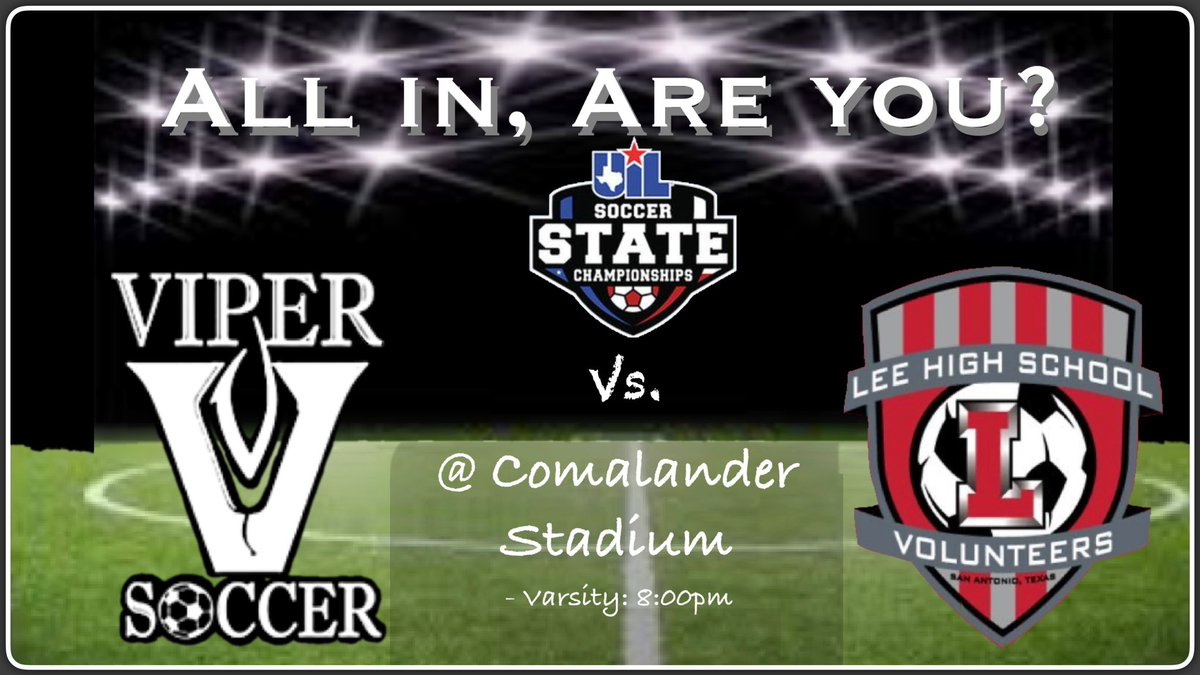 ⚫️⚪️Area Playoff Games⚪️⚫️

Top teams in the state meet early!

🗓 Tues March 30th ⏰ 8pm
🆚 <a href="/LEEVOLSSOCCER/">LEE Vols Soccer</a> 
📍 Comalander 🏟, SA 

If you love ⚽️, Make it a double header!!  <a href="/ViperFutbol/">Vandegrift Girls Soccer</a> plays 
⏰6pm, same 🏟 🆚 Reagan! #txhssoccer