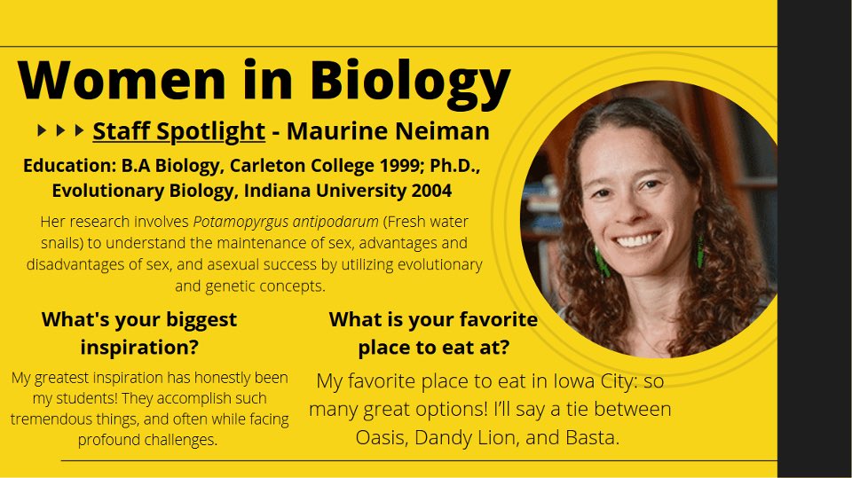 uiowabiodei's tweet photo. The Department of Biology DEI group is celebrating women in science here at the University of Iowa! For today, we have a staff spotlight for one of our own professors Dr. Maurine Neiman, who is a wonderful educator and researcher on the evolution of sexual reproduction. @mneiman https://t.co/LN4xkgiDV6