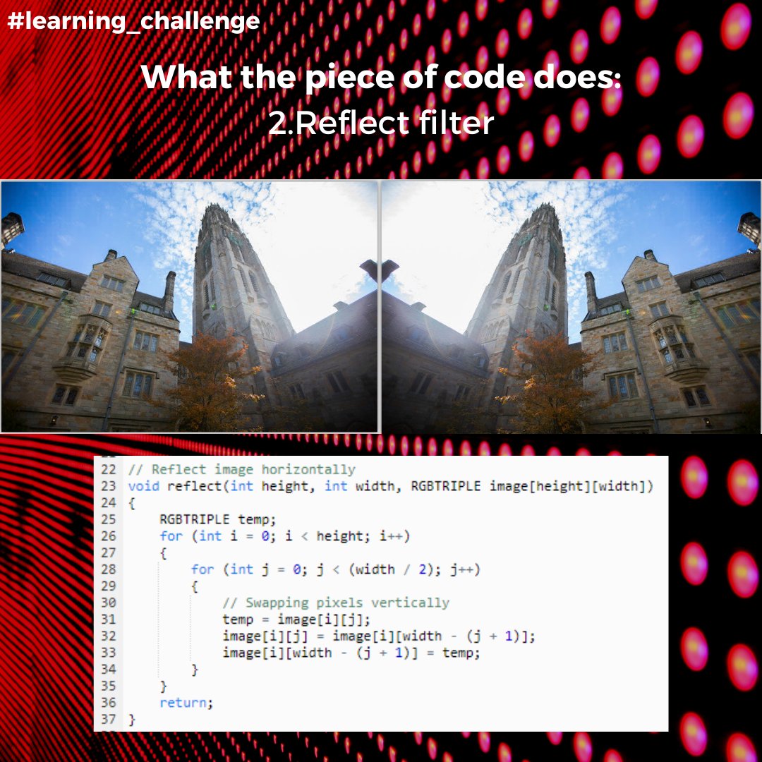 Dziyana9's tweet image. The first exercise in #CS50 Problem Set 4 really made me excited about programming again. Now I know how to apply 4 different filters to images using C code 😁 Behold! Grayscale, reflect, blur and edge detection!
#learning_challenge #computerscience #learningprogramming