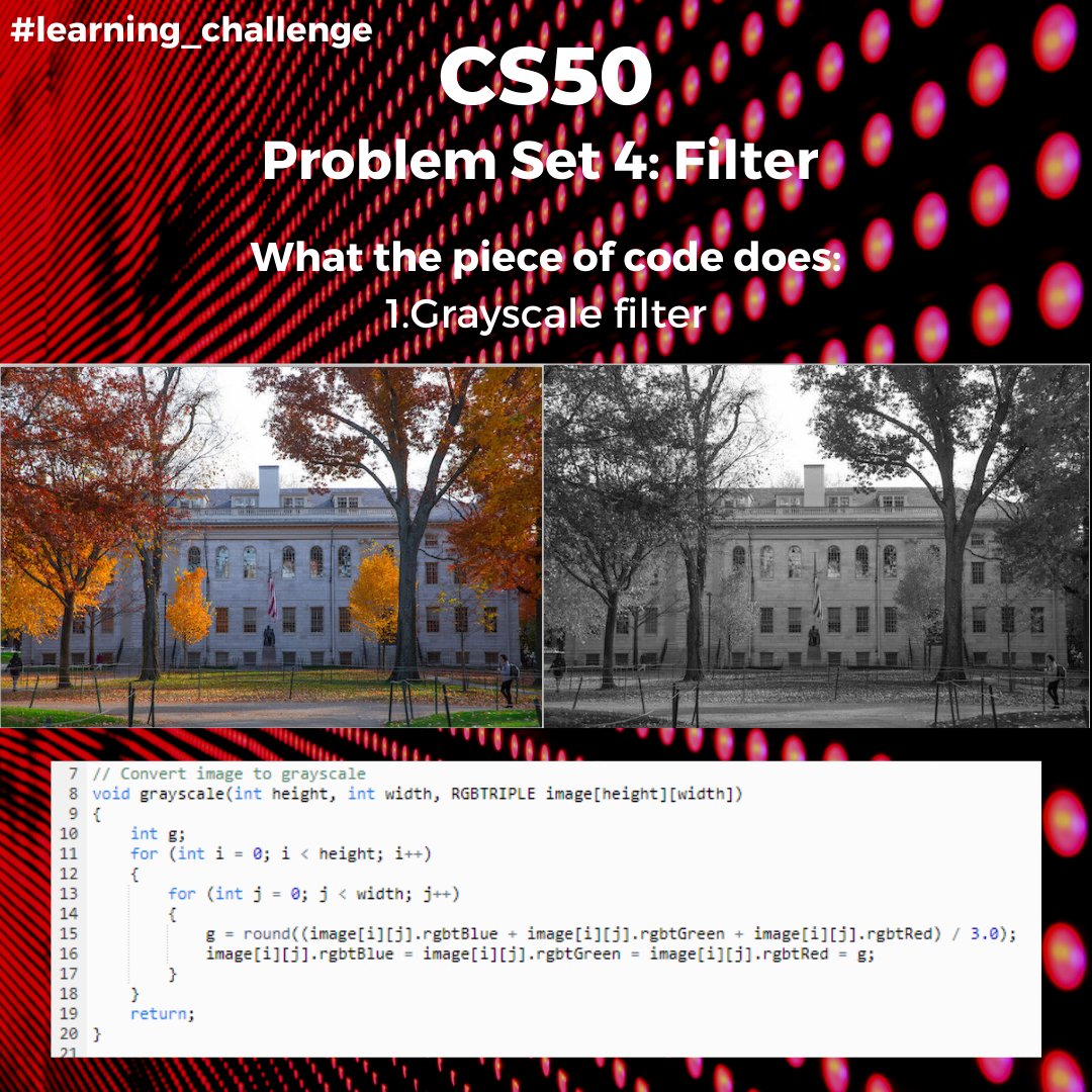 Dziyana9's tweet image. The first exercise in #CS50 Problem Set 4 really made me excited about programming again. Now I know how to apply 4 different filters to images using C code 😁 Behold! Grayscale, reflect, blur and edge detection!
#learning_challenge #computerscience #learningprogramming