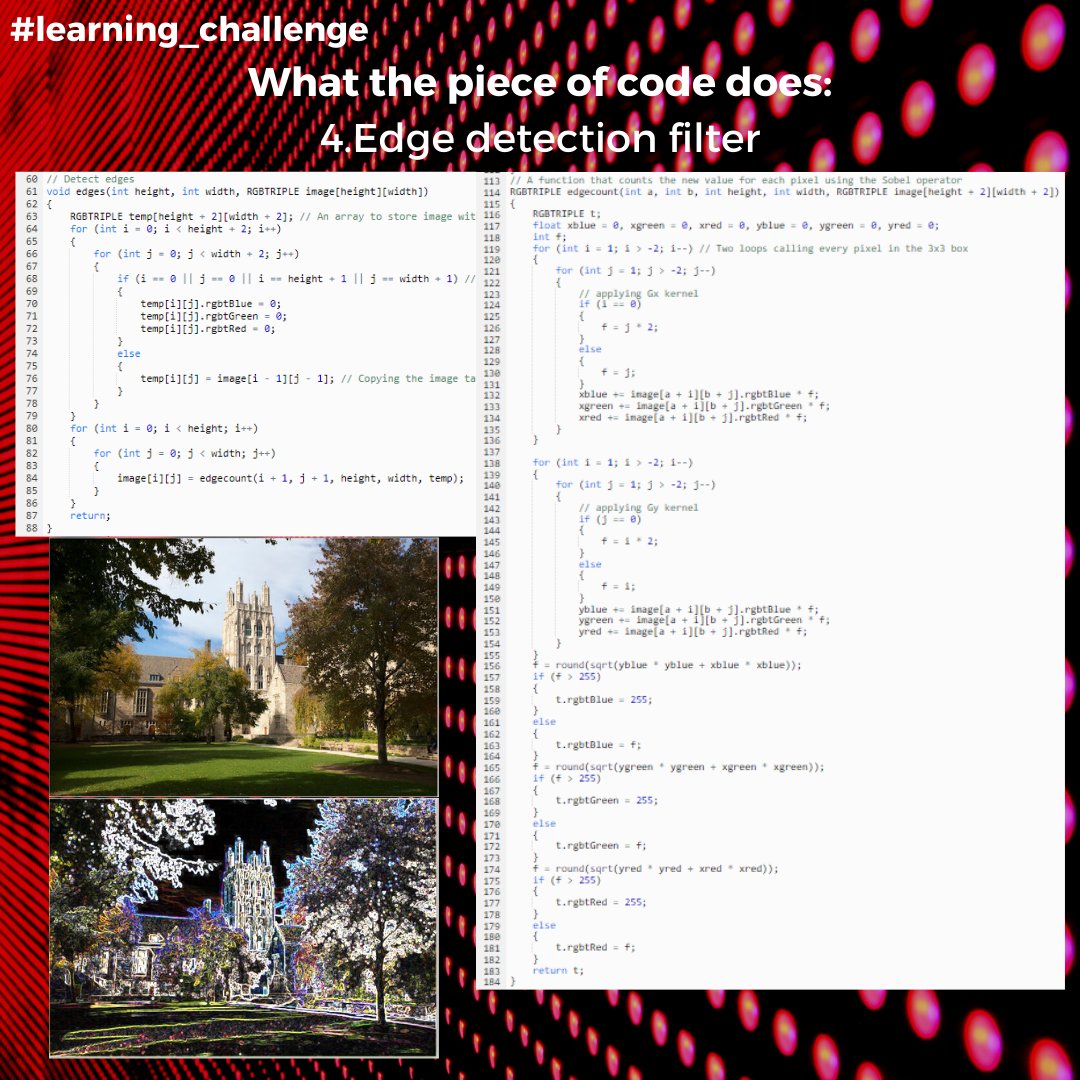 Dziyana9's tweet image. The first exercise in #CS50 Problem Set 4 really made me excited about programming again. Now I know how to apply 4 different filters to images using C code 😁 Behold! Grayscale, reflect, blur and edge detection!
#learning_challenge #computerscience #learningprogramming