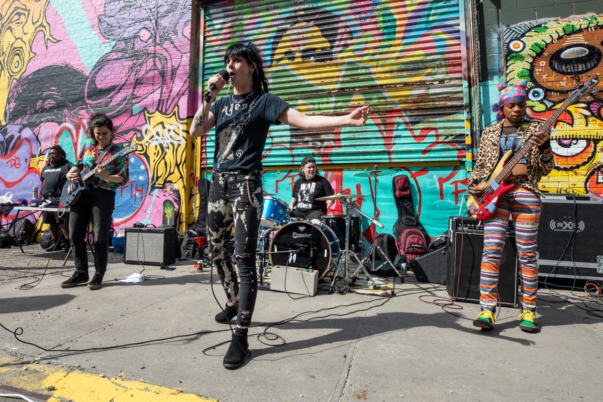 Qbertplaya's tweet photo. Sped my way up to Bushwick today to catch feminist skate punk band Witch Slap, who played an opening set for Rebelmatic. I was especially happy to see my homie @hoosatron behind the drum kit for them. 🤘 (More photos here: https://t.co/Gl3kQ1yC2z) https://t.co/SWSmBqiBQF