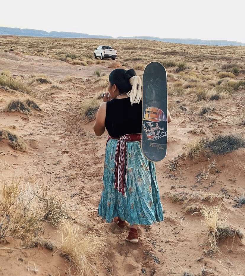 BradyWakayama's tweet photo. A #Navajo woman has become a viral sensation, showcasing her skateboarding skills on the reservation. She's hoping with her growing platform that a new skate park can be built and will inspire others to pursue their passions. Full story on @KRQE at 10pm! https://t.co/QYBuwbC7qq