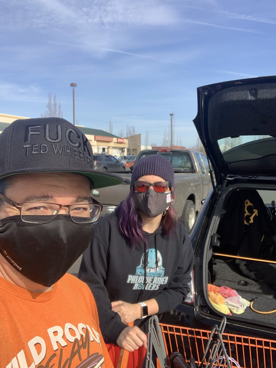 binford2k's tweet photo. Day 64 of #100DayMaskChallenge and we are picking up some gear at the hardware. Like my new hat? ⁦@drivebilova⁩ got it for me. #FuckTedWheeler https://t.co/pXIBAtKO6D