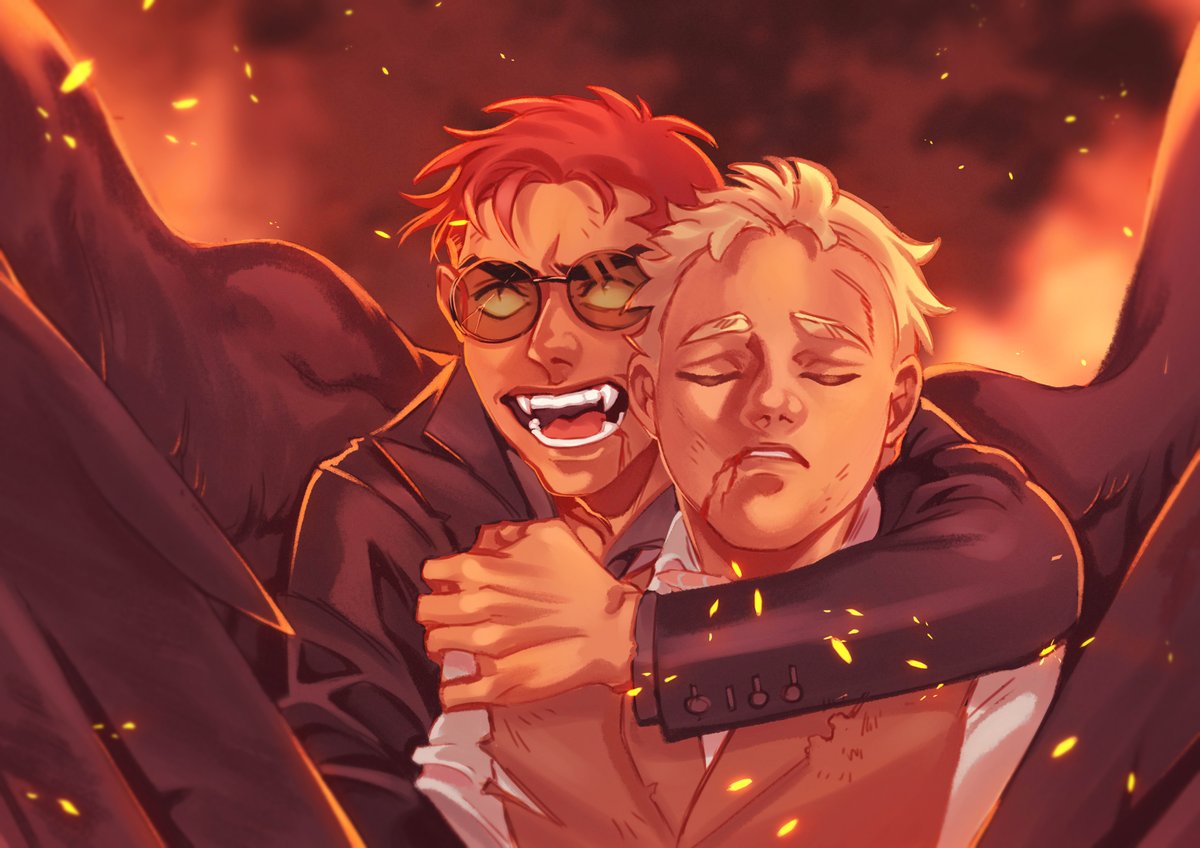 Another drawing based on COWT-11 prompt.
"They can take everything from me. My hope, my legacy, my life. But god help them the day they come for you."

#ineffablehusbands #goodomens #fire