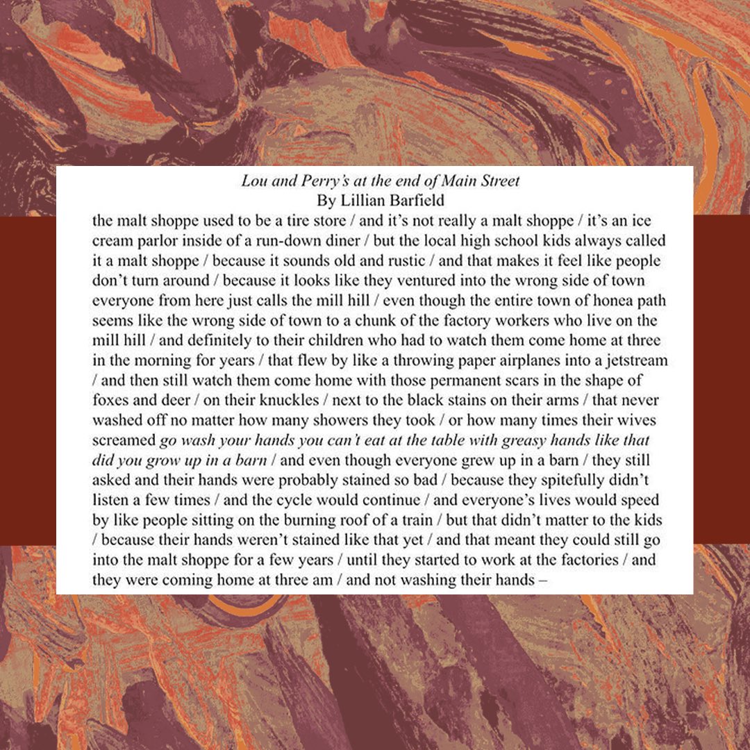 WinthropCWP's tweet photo. PUBLICATION UPDATE: Winthrop creative writing student Lillian Barfield’s poem “Lou and Perry’s at the end of Main Street” has recently been published in Issue 3 of Firewords Magazine! ✨ Swipe to read her fantastic piece! #publicationupdate #winthropcwp https://t.co/0hIW0GCXS6
