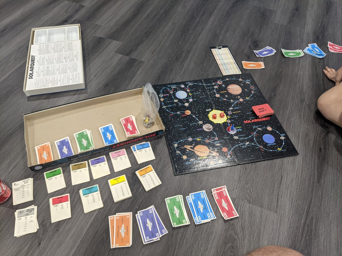 misterfrumble's tweet photo. Busted out Solarquest for the first time in probably 30 years to play with my daughter. It holds up. The fuel mechanic makes it different enough from Monopoly to make it fun in it's own right.
#boardgames #solarquest https://t.co/wjqJw0aFJN
