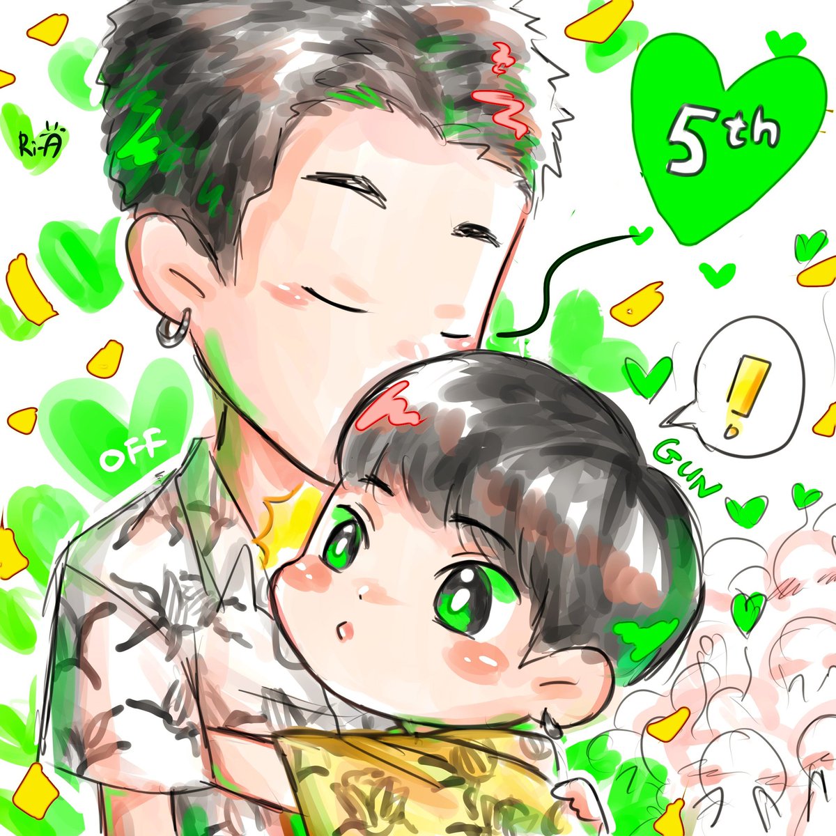ManekoVenoxe's tweet photo. Happy 5th Anniversary OffGun Family😆🎉💚✨️✨
Thank You for supporting OffGun all this time💚 and Let's stay together for a long time na ja~💚👴🏻👶🏻💚
#5thOffGunFamily
#ออฟกัน
#เบบี๋ 
#OffGunfanart https://t.co/tKyJgboTjI