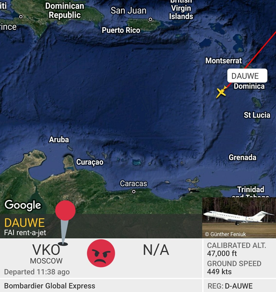 Arr3ch0's tweet photo. El 2do Bombardier Global Express de Rent-a-Jet que llega hoy a #Venezuela en vuelo directo desde Moscú, Rusia 🇷🇺. Registro D-AUWE.
Pronto a entrar a FIR Maiquetía.
#DAUWE
#Russia https://t.co/iSvEDdmLmM