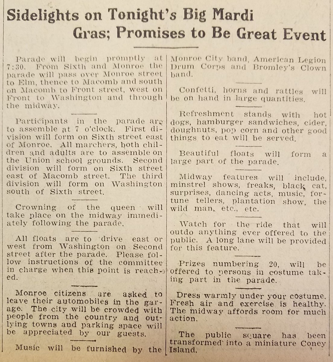 monroecomuseum's tweet photo. In 1923 Monroe held its first "Halloween Mardi Gras" in an effort to curtail traditional pranking activities. Tweet #DigMonroe to help us win a grant to digitize 1920-1923 issues of @monroenews so you'll have access to many more great stories like this one from 10-31-23. https://t.co/7dp0OJSdeB