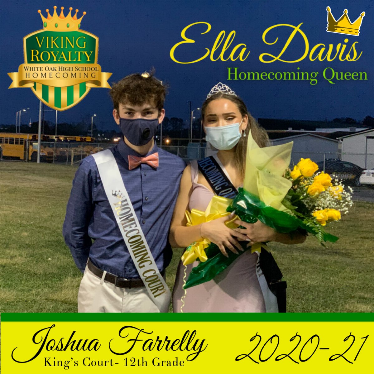 WhiteOakVikings's tweet photo. Viking Royalty....  WOHS Homecoming Queen Ella Davis (Senior) was escorted by Joshua Farrelly (Senior representative on 2020-21 King’s Court). 👑💚💛 https://t.co/z7kN1ewx18