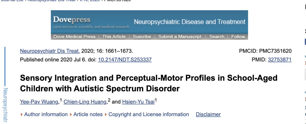 SINetwork's tweet image. This study researched the #SensoryIntegration and perceptual-motor performances in elementary school children (5–12 years) with #AutisticSpectrumDisorder (ASD) bit.ly/2Po6U5z