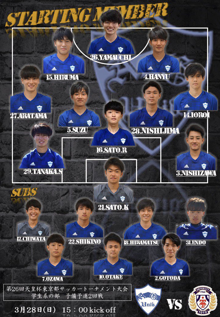 青山学院大学体育会サッカー部 Sub Gk 12 千綿友 Df 2 後藤田亘輝 18 平松雄大 Mf 7 小澤秀充 31 遠藤風士 Fw 10 大竹将吾 22 敷野智大