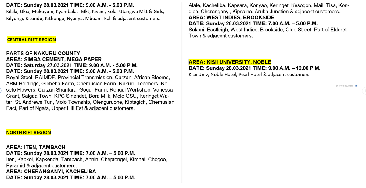 KenyaPower_Care's tweet photo. Good morning our esteemed customers. The following areas are scheduled for planned power interruption dated today 28.03.2021. ^DO https://t.co/1brL9V4fer