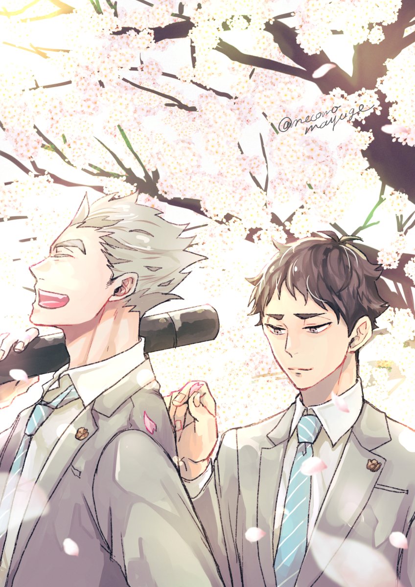 multiple boys 2boys male focus cherry blossoms smile short hair jacket  illustration images