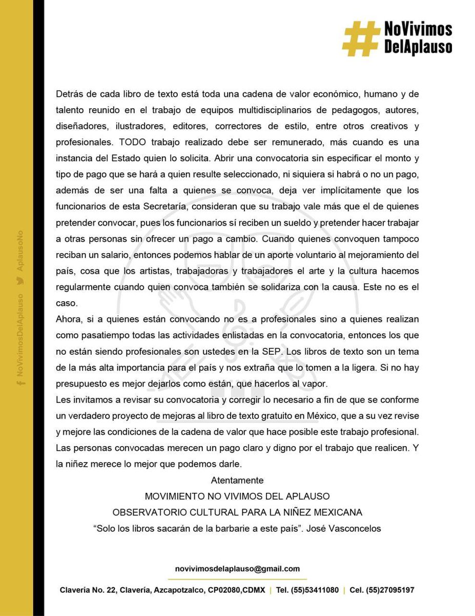AplausoNo's tweet photo. #NVDA convocatoria de la SEP "para el Rediseño de los Libros de Texto Gratuitos” no informa sobre pago ni derechos de autor por el trabajo solicitado @SEP_mx  @DelfinaGomezAlvarez 
 
#TrabajoReconocido 
#FueraConvocatoriasSinPago
#DignidadLaboral
#TrabajoSíRemunerado https://t.co/wc3ecJlCcR