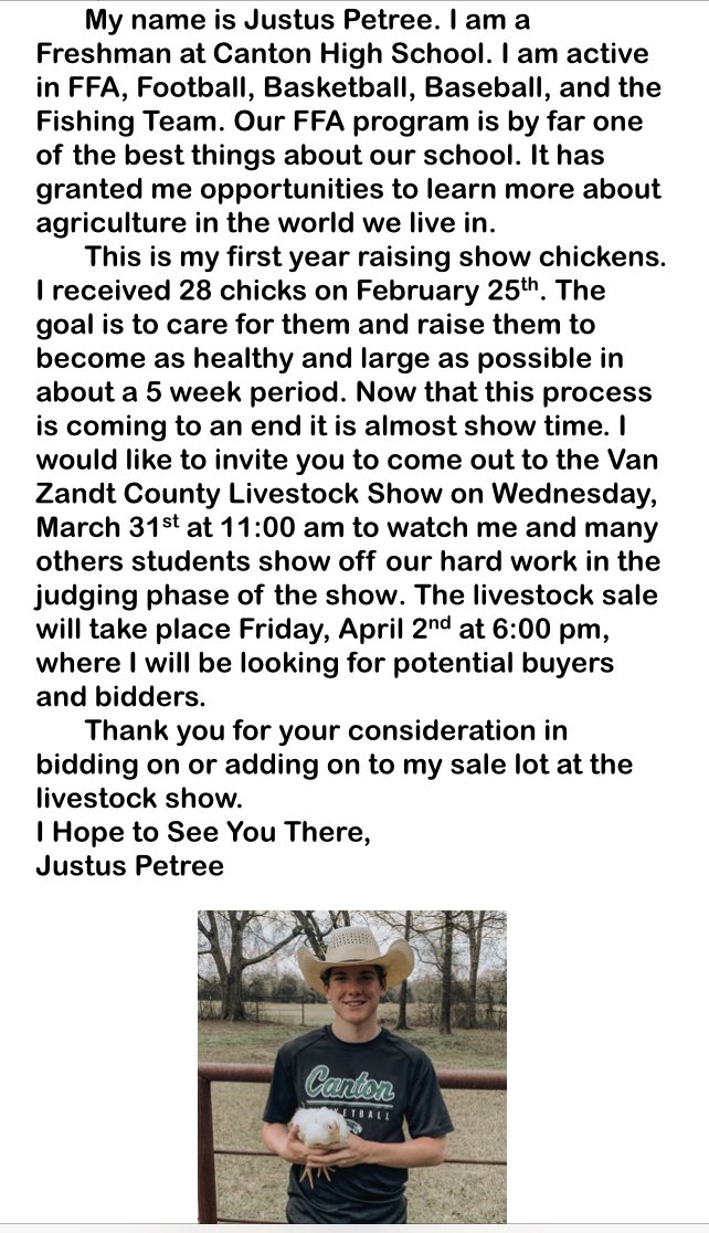 cantonffa's tweet image. Justus is a freshman, and this is his first year to show broilers, even though he has helped his sister Josie in previous years!

We are so happy to have him as a part of our FFA Chapter!

Come support Justus in his first  VZCF next week!