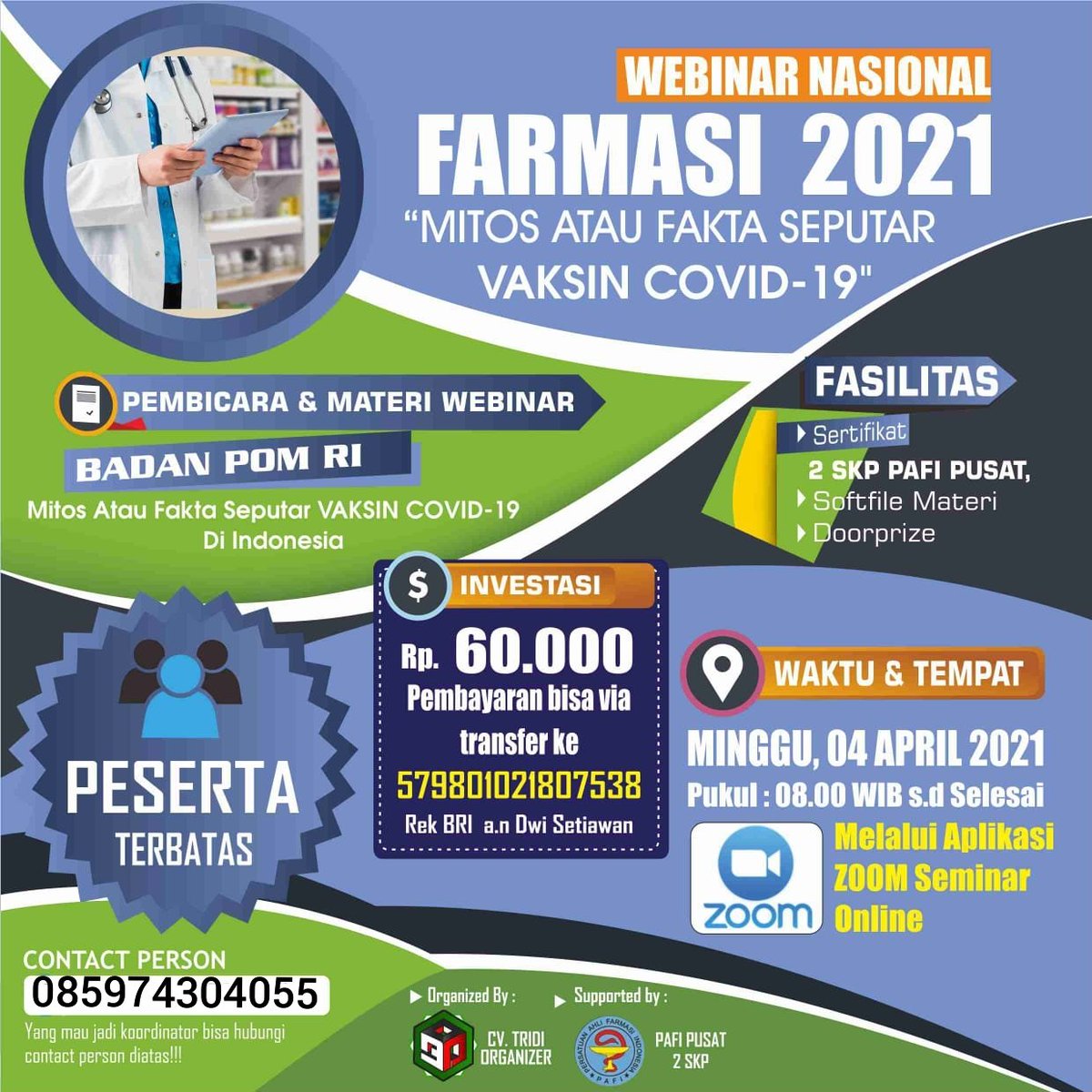 AliefRyanMaula2's tweet photo. @ffunairofficial Monggo yang berminat mengikuti webinar nasional farmasi 2021 dengan judul mitos atau fakta seputar vaksin covid19 dengan 2 skp PAFI pusat dengan harga 60k dikirim ke no rek 579801021807538 BRI a/n dwi setiawan bisa langsung masuk grup https://t.co/8q3pz95VdN. https://t.co/T8VShYHvu3