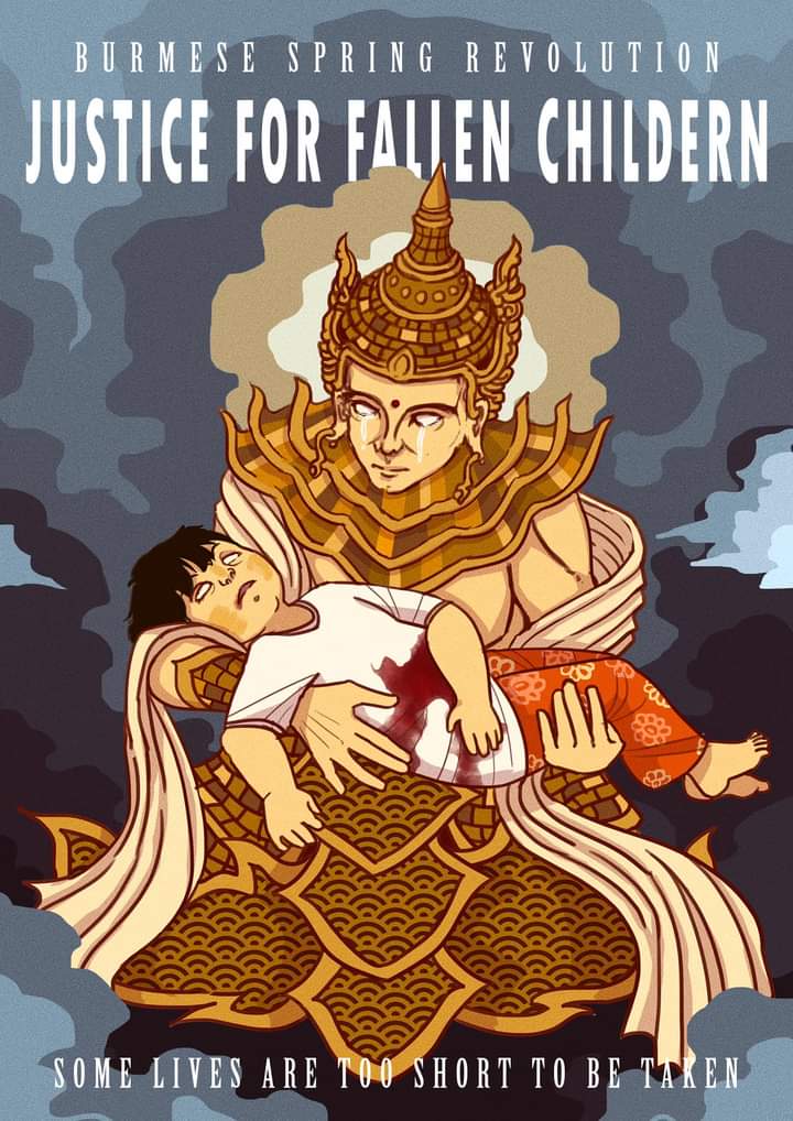 |Child Holding BRAHMA|
Originally, the “Child Holding Brahma” is a blessing of a new life but right now the Brahma has nothing but a dead child to hold.
Crime Against Children in Myanmar. Please Save our Children.
#Mar27TributeToFallenHeroes
#Mar27JusticeForFallenHeroes